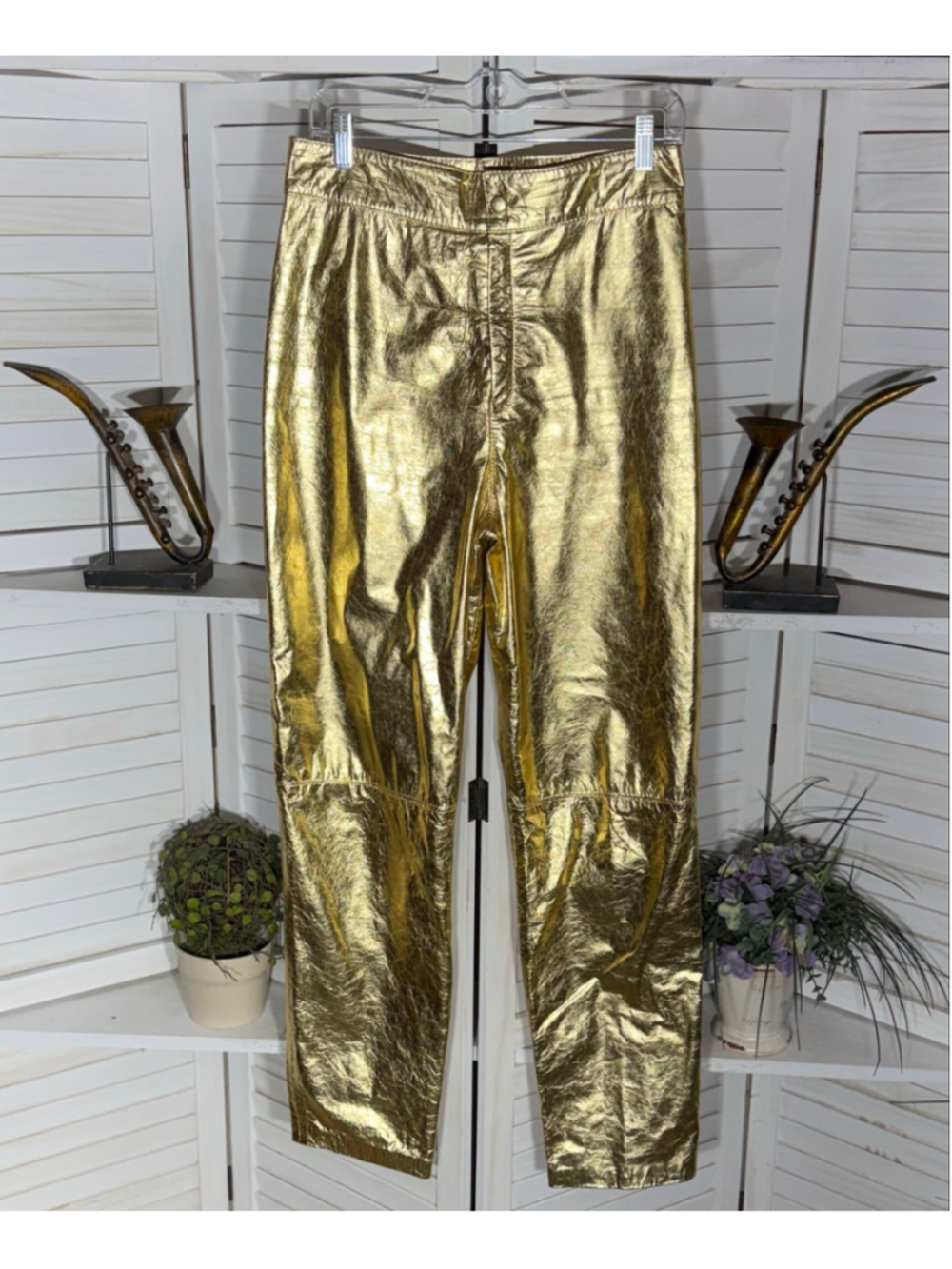 Vintage gold leather pants high waist wide leg Halloween costume drag cosplay M